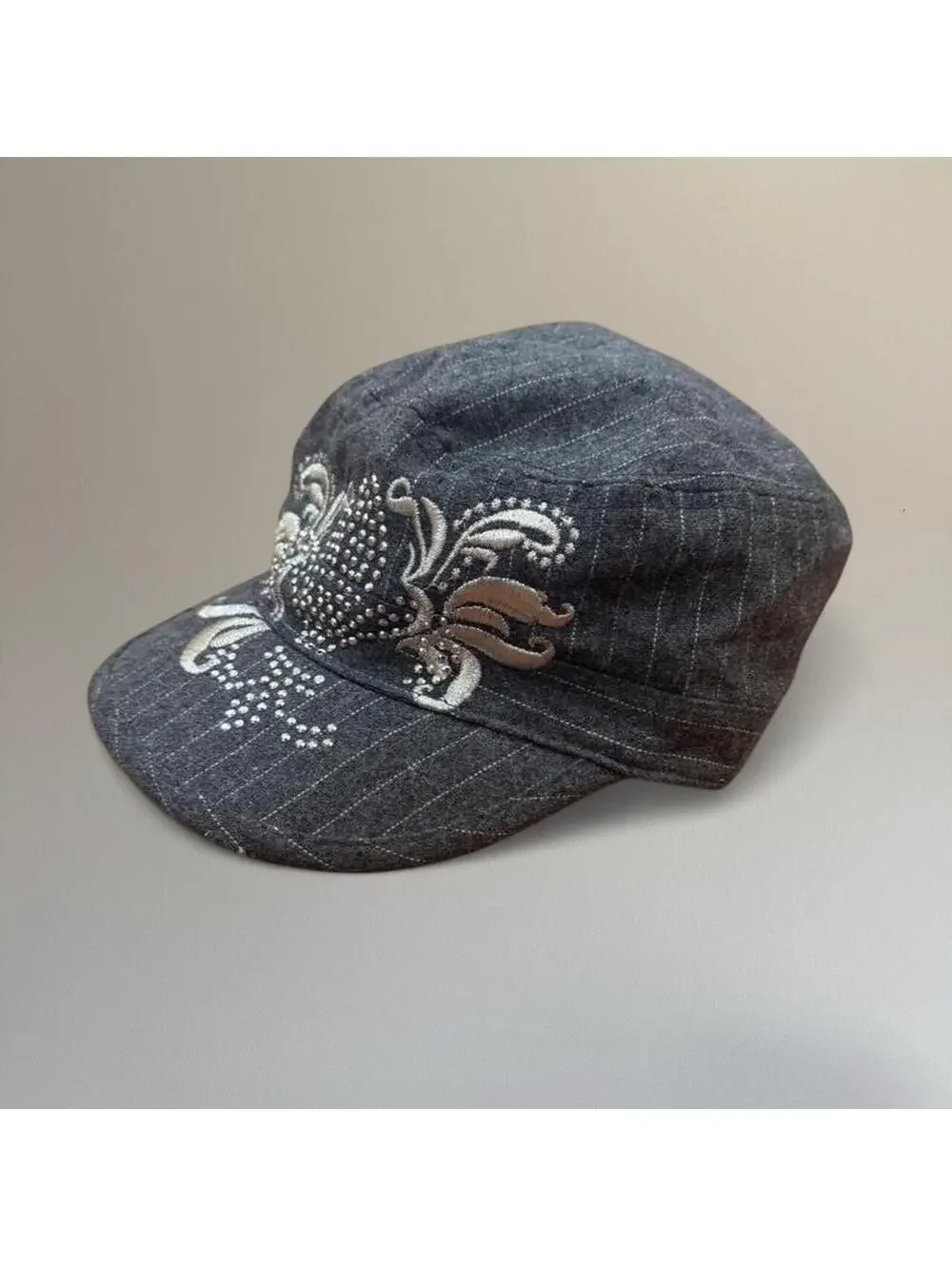 Embellished pinstripe army-style hat from Headers.